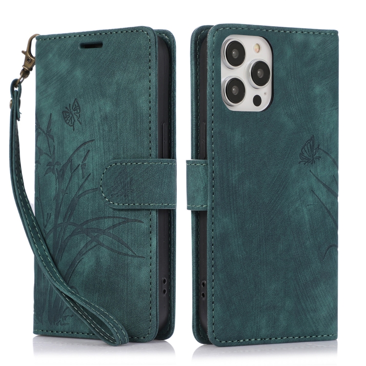 

For iPhone 14 Pro Max Orchid Butterfly Embossed Leather Phone Case(Green)