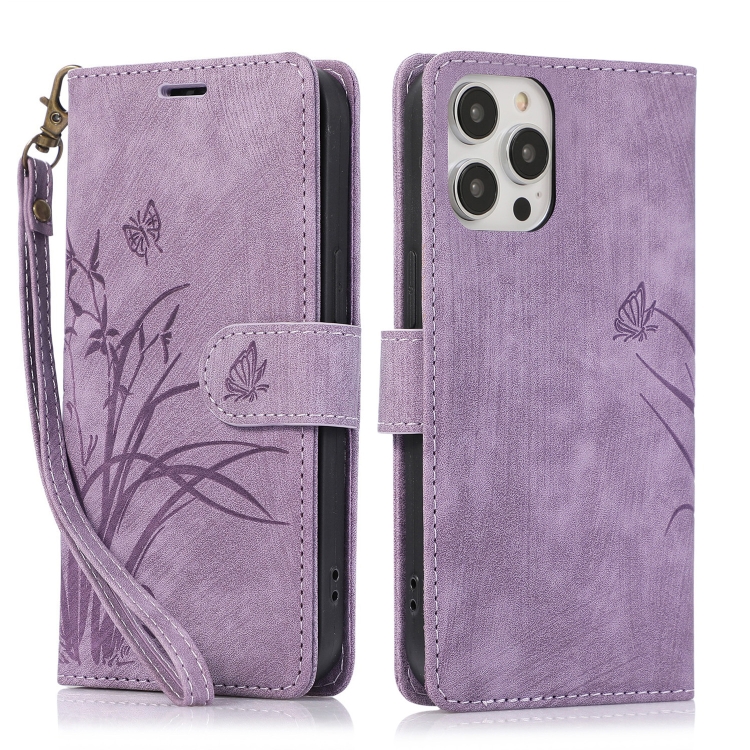

For iPhone 14 Pro Max Orchid Butterfly Embossed Leather Phone Case(Purple)