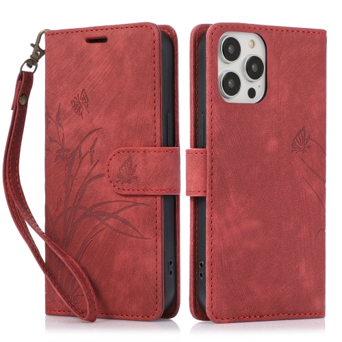 

For iPhone 14 Pro Max Orchid Butterfly Embossed Leather Phone Case(Red)