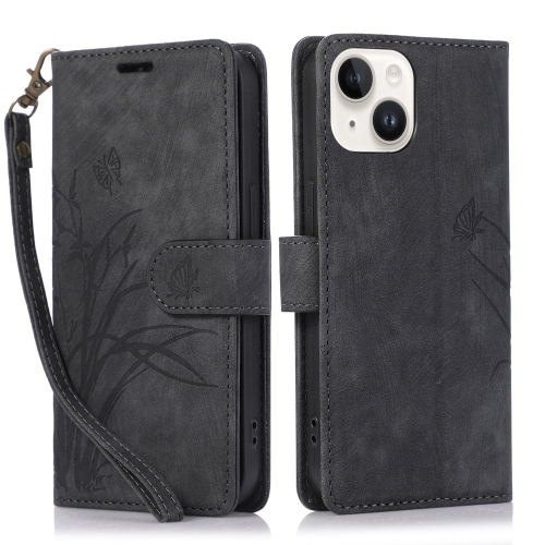 

For iPhone 13 Orchid Butterfly Embossed Leather Phone Case(Black)
