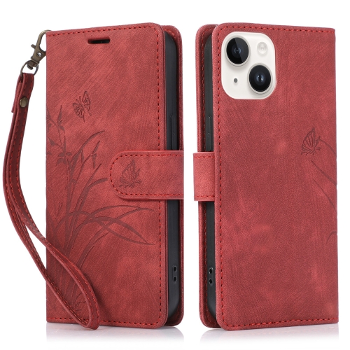 

For iPhone 13 Orchid Butterfly Embossed Leather Phone Case(Red)