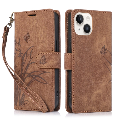 

For iPhone 13 Orchid Butterfly Embossed Leather Phone Case(Brown)
