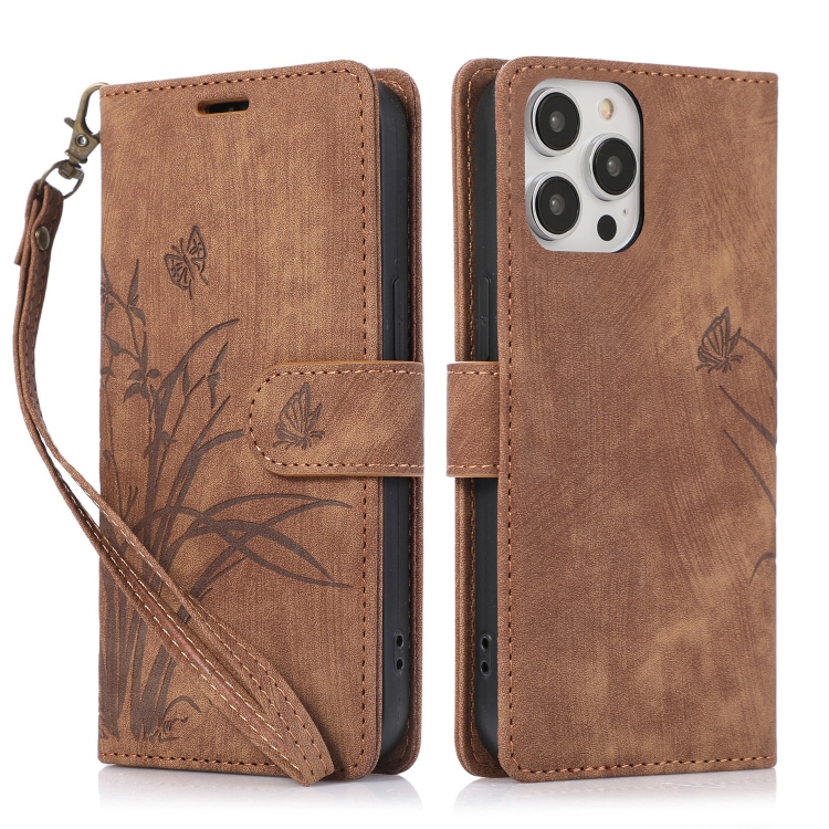 

For iPhone 13 Pro Orchid Butterfly Embossed Leather Phone Case(Brown)
