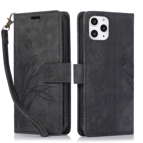 

For iPhone 12 Pro Max Orchid Butterfly Embossed Leather Phone Case(Black)