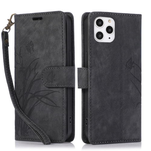 

For iPhone 12 / 12 Pro Orchid Butterfly Embossed Leather Phone Case(Black)