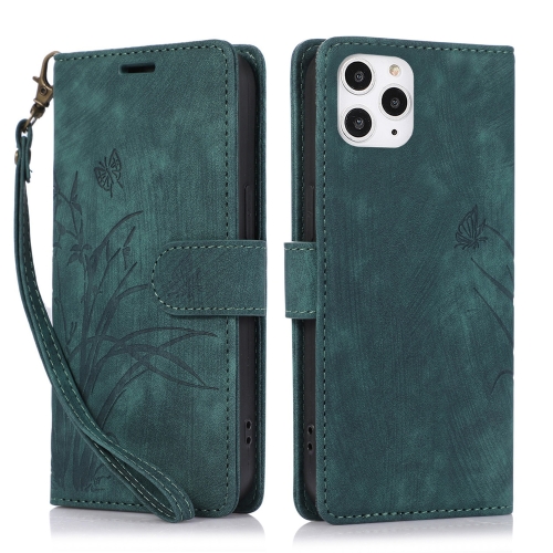

For iPhone 12 / 12 Pro Orchid Butterfly Embossed Leather Phone Case(Green)
