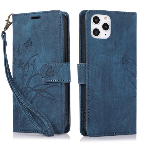 

For iPhone 12 / 12 Pro Orchid Butterfly Embossed Leather Phone Case(Blue)