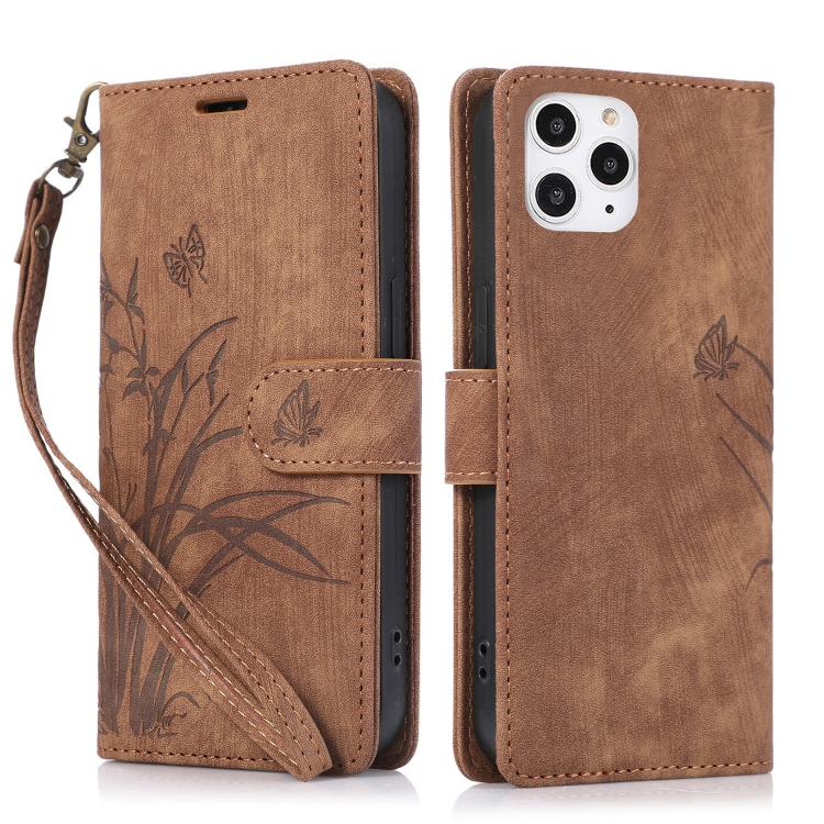 

For iPhone 12 / 12 Pro Orchid Butterfly Embossed Leather Phone Case(Brown)