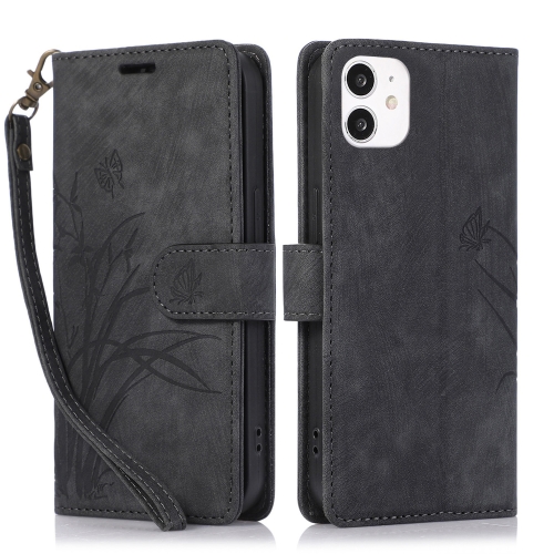 

For iPhone 11 Orchid Butterfly Embossed Leather Phone Case(Black)