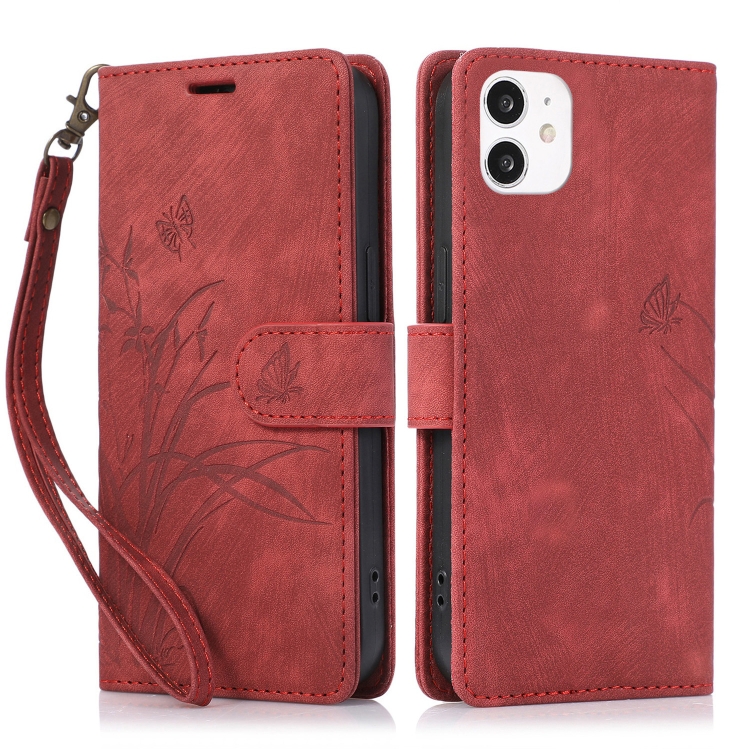 

For iPhone 11 Orchid Butterfly Embossed Leather Phone Case(Red)