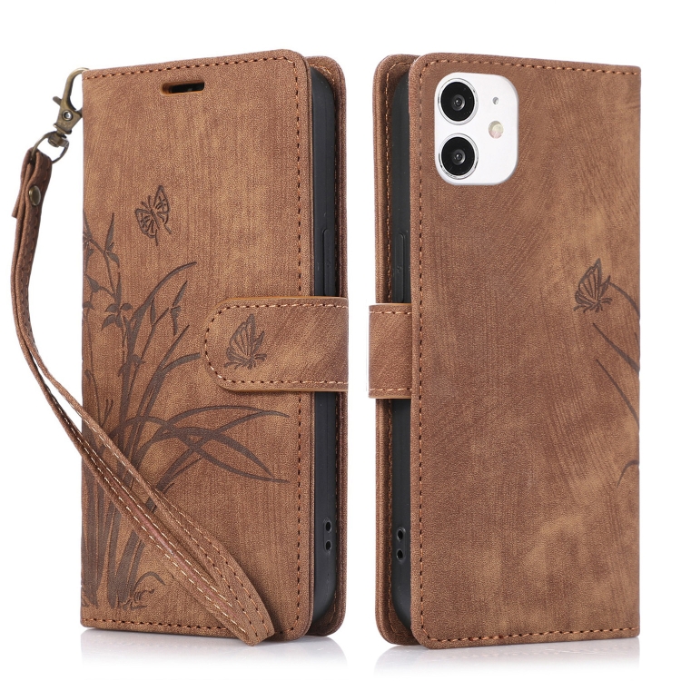

For iPhone 11 Orchid Butterfly Embossed Leather Phone Case(Brown)