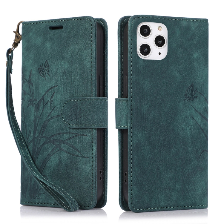 

For iPhone 11 Pro Orchid Butterfly Embossed Leather Phone Case(Green)
