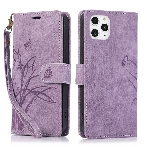 

For iPhone 11 Pro Orchid Butterfly Embossed Leather Phone Case(Purple)