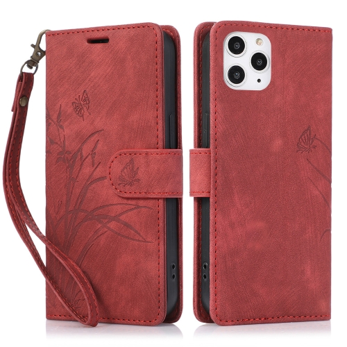 

For iPhone 11 Pro Orchid Butterfly Embossed Leather Phone Case(Red)