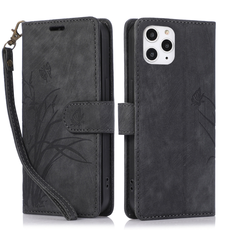 

For iPhone 11 Pro Max Orchid Butterfly Embossed Leather Phone Case(Black)