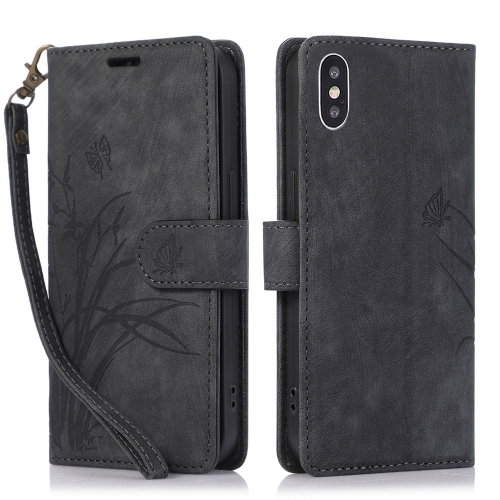 

For iPhone X / XS Orchid Butterfly Embossed Leather Phone Case(Black)