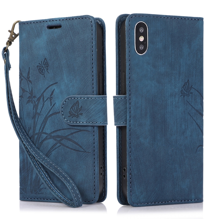 

For iPhone X / XS Orchid Butterfly Embossed Leather Phone Case(Blue)