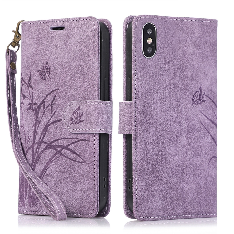 

For iPhone X / XS Orchid Butterfly Embossed Leather Phone Case(Purple)