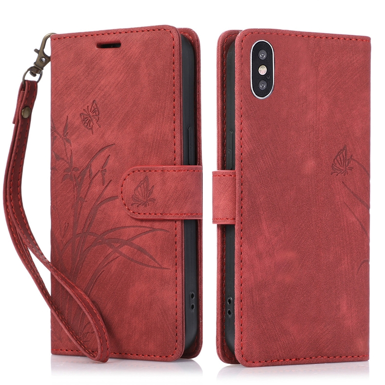 

For iPhone X / XS Orchid Butterfly Embossed Leather Phone Case(Red)