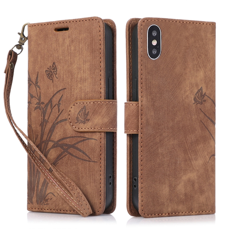 

For iPhone X / XS Orchid Butterfly Embossed Leather Phone Case(Brown)
