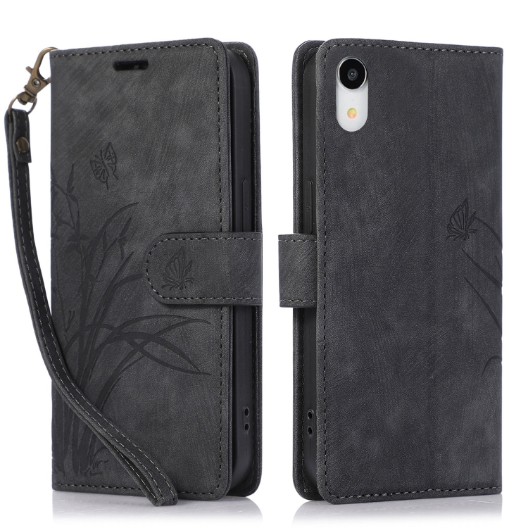 

For iPhone XR Orchid Butterfly Embossed Leather Phone Case(Black)