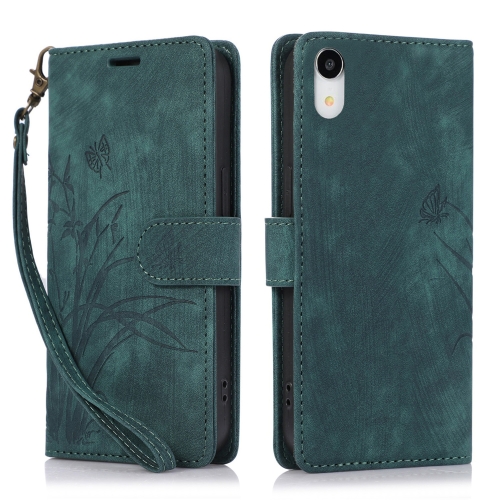 

For iPhone XR Orchid Butterfly Embossed Leather Phone Case(Green)