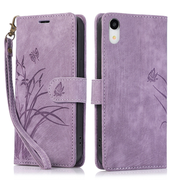 

For iPhone XR Orchid Butterfly Embossed Leather Phone Case(Purple)