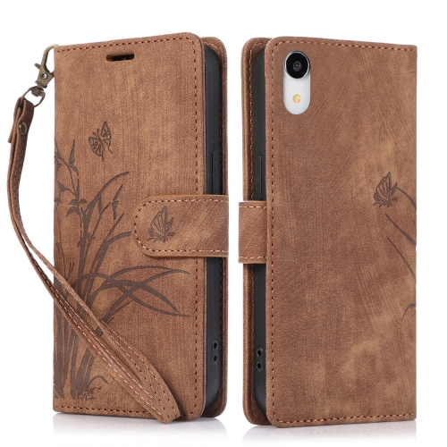 

For iPhone XR Orchid Butterfly Embossed Leather Phone Case(Brown)
