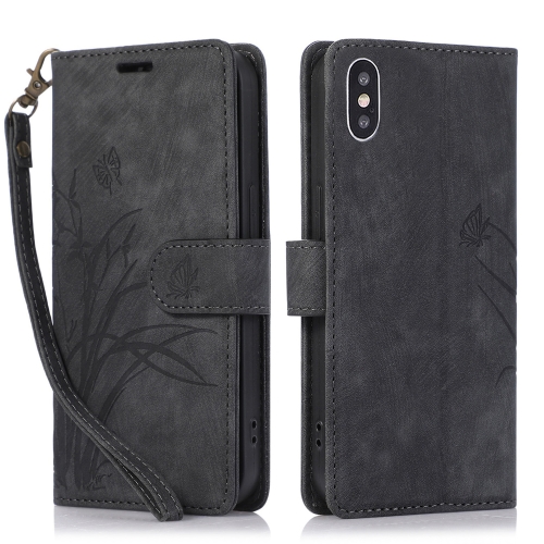 

For iPhone XS Max Orchid Butterfly Embossed Leather Phone Case(Black)