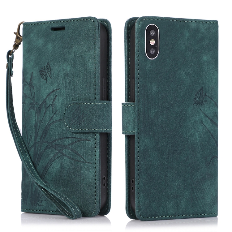 

For iPhone XS Max Orchid Butterfly Embossed Leather Phone Case(Green)