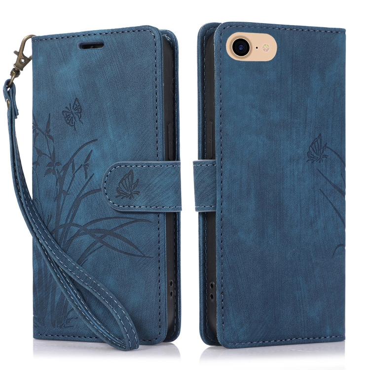 

For iPhone 7 / 8 / SE 2022 Orchid Butterfly Embossed Leather Phone Case(Blue)