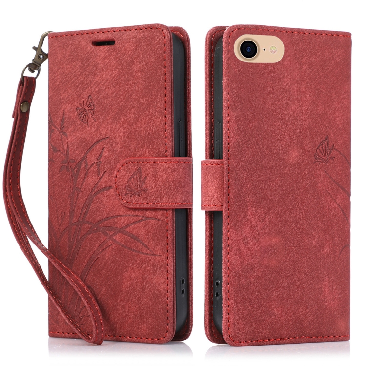 

For iPhone 7 / 8 / SE 2022 Orchid Butterfly Embossed Leather Phone Case(Red)