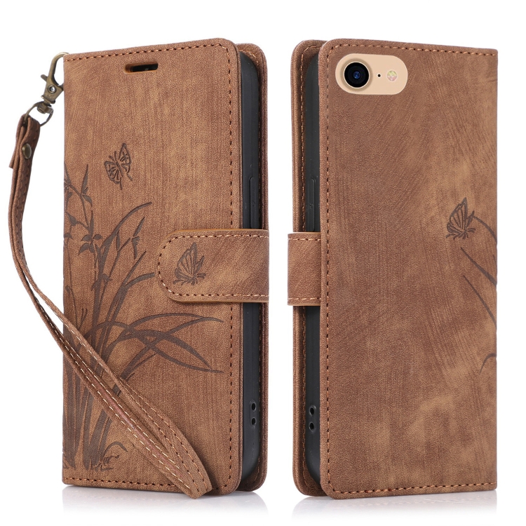 

For iPhone 7 / 8 / SE 2022 Orchid Butterfly Embossed Leather Phone Case(Brown)