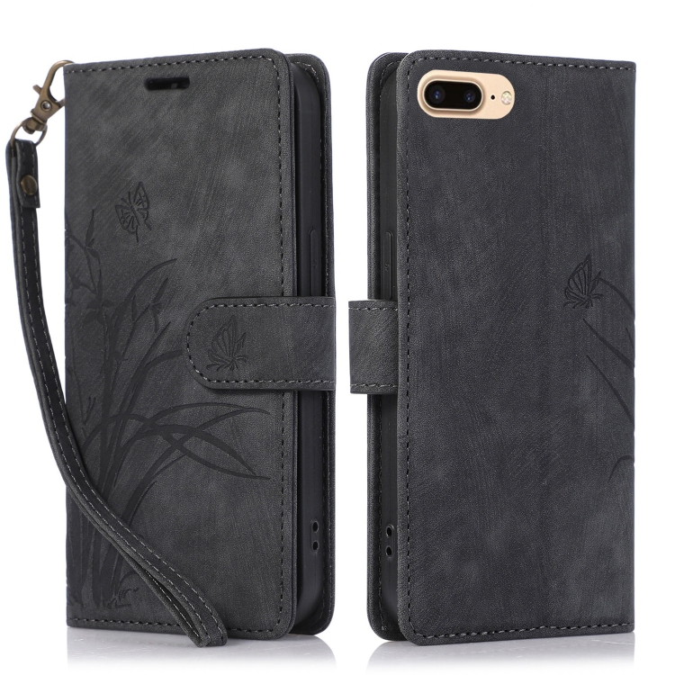 

For iPhone 7 Plus / 8 Plus Orchid Butterfly Embossed Leather Phone Case(Black)