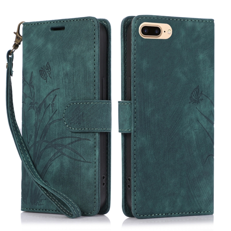 

For iPhone 7 Plus / 8 Plus Orchid Butterfly Embossed Leather Phone Case(Green)