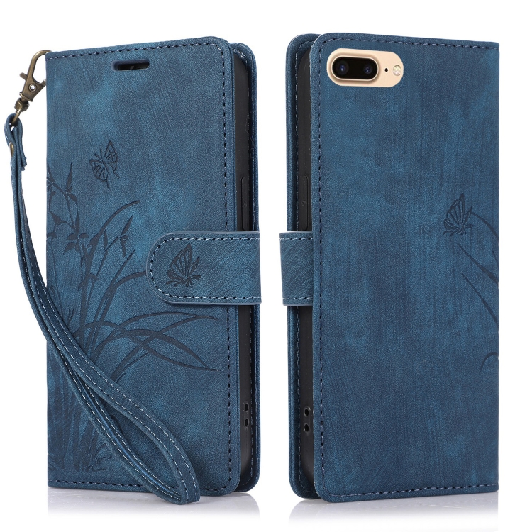 

For iPhone 7 Plus / 8 Plus Orchid Butterfly Embossed Leather Phone Case(Blue)