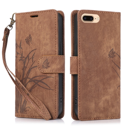 

For iPhone 7 Plus / 8 Plus Orchid Butterfly Embossed Leather Phone Case(Brown)