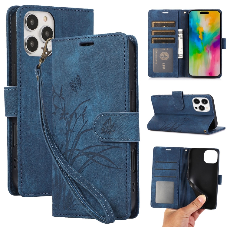 

For iPhone 16 Pro Orchid Butterfly Embossed Leather Phone Case(Blue)