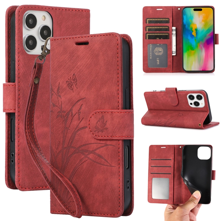 

For iPhone 16 Pro Orchid Butterfly Embossed Leather Phone Case(Red)