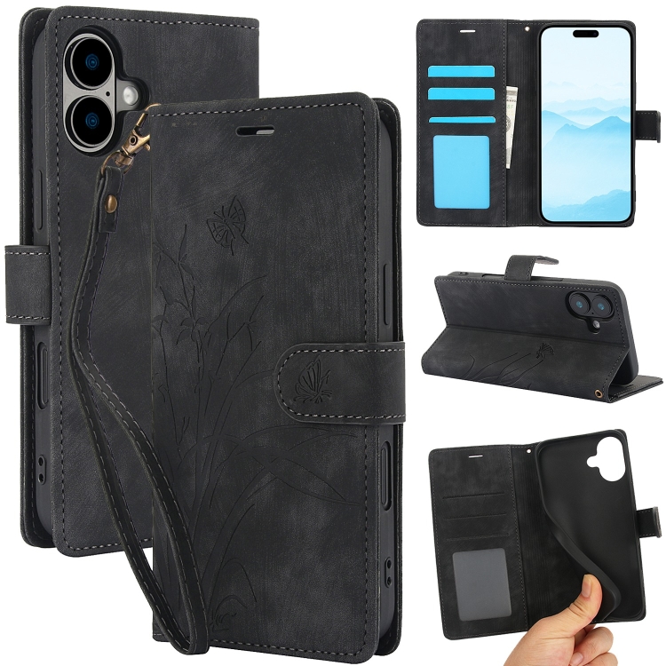

For iPhone 16 Orchid Butterfly Embossed Leather Phone Case(Black)