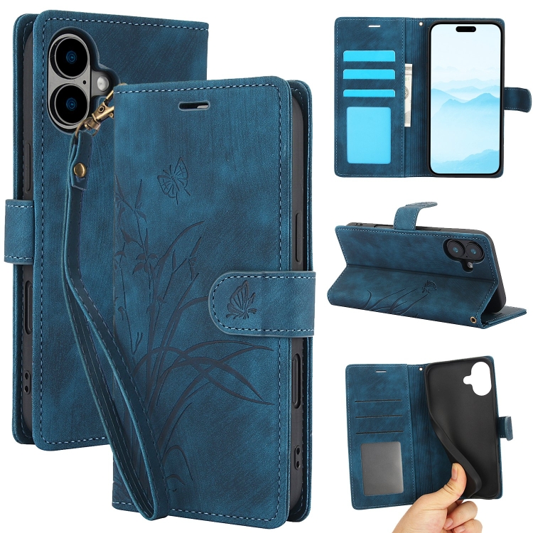 

For iPhone 16 Orchid Butterfly Embossed Leather Phone Case(Blue)
