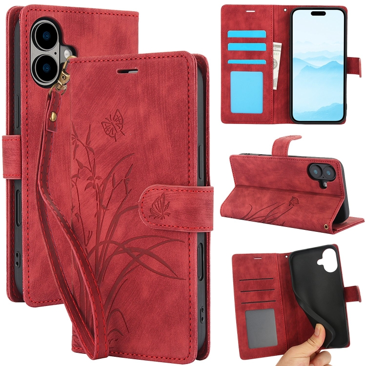 

For iPhone 16 Plus Orchid Butterfly Embossed Leather Phone Case(Red)
