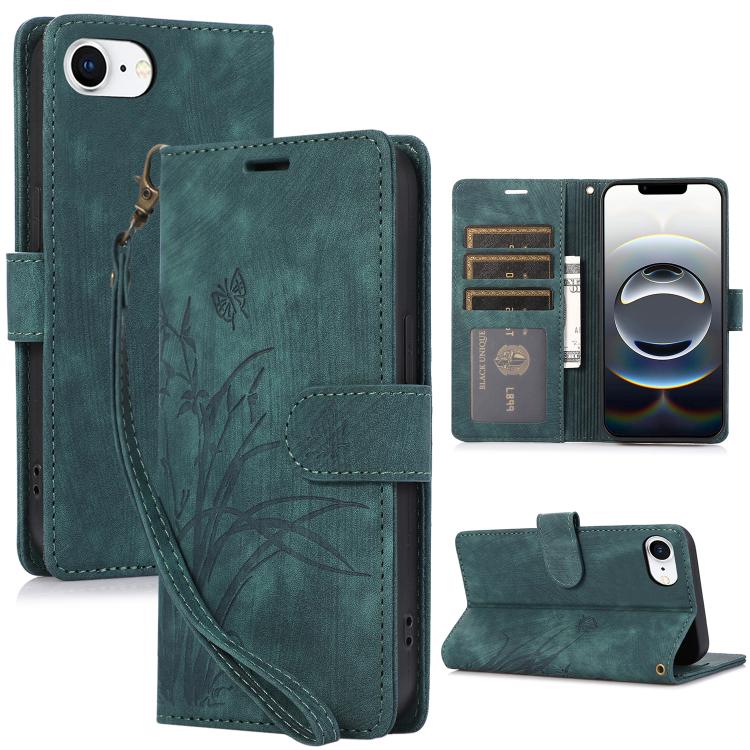 

For iPhone 16e Orchid Butterfly Embossed Leather Phone Case(Green)