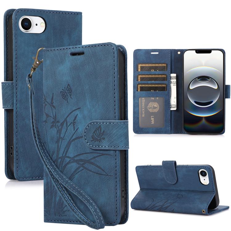 

For iPhone 16e Orchid Butterfly Embossed Leather Phone Case(Blue)