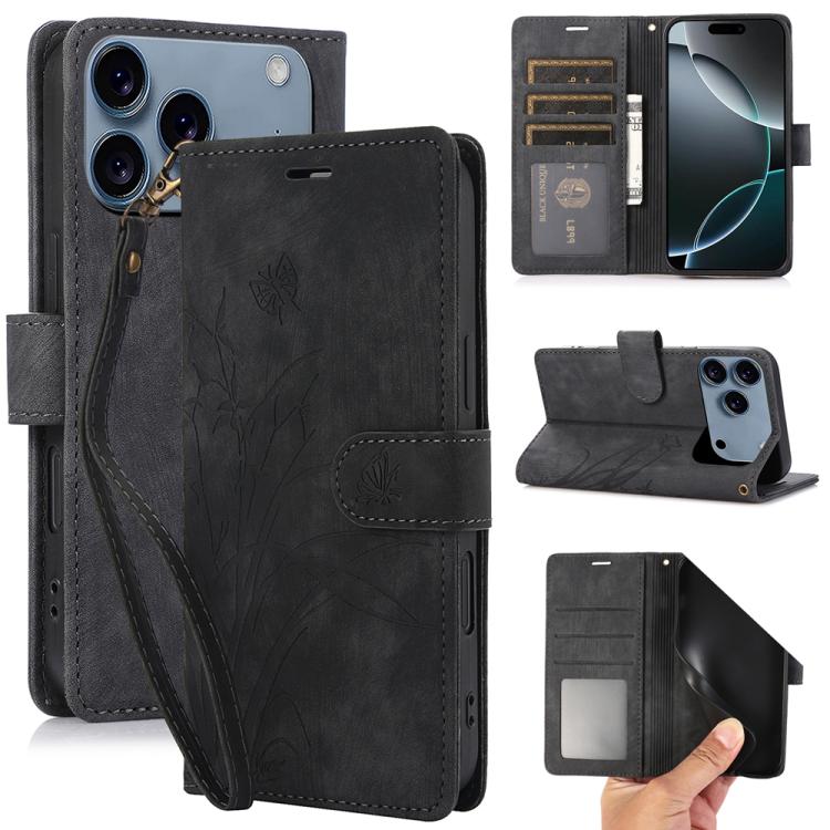 

For iPhone 17 Pro Max Orchid Butterfly Embossed Leather Phone Case(Black)