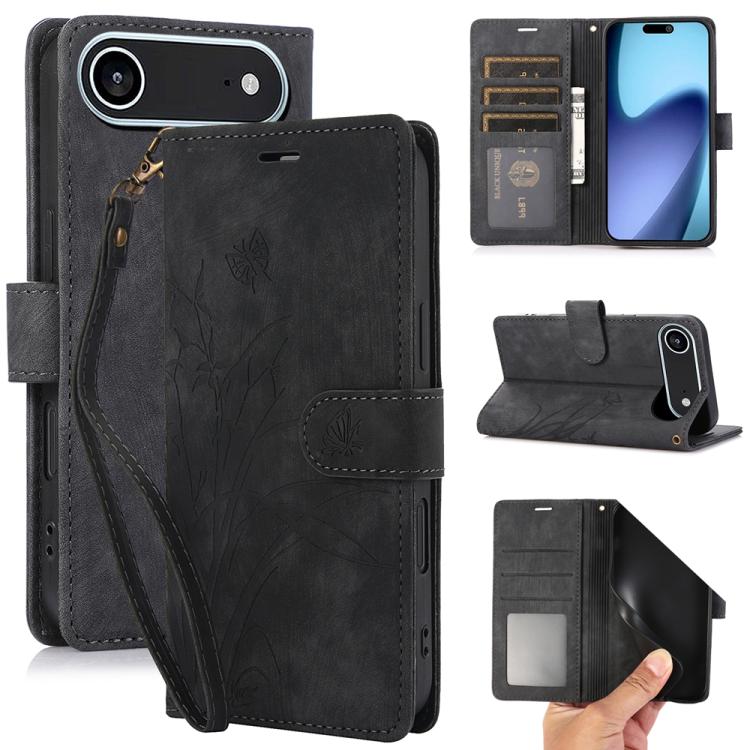 

For iPhone Air Orchid Butterfly Embossed Leather Phone Case(Black)