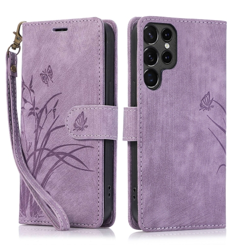 

For Samsung Galaxy S24 Ultra 5G Orchid Butterfly Embossed Leather Phone Case(Purple)