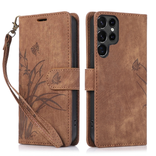 

For Samsung Galaxy S24 Ultra 5G Orchid Butterfly Embossed Leather Phone Case(Brown)