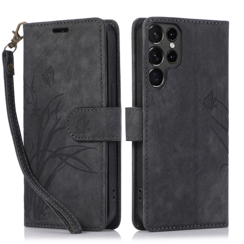 

For Samsung Galaxy S23 Ultra 5G Orchid Butterfly Embossed Leather Phone Case(Black)