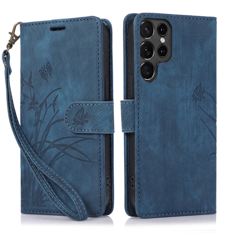 

For Samsung Galaxy S23 Ultra 5G Orchid Butterfly Embossed Leather Phone Case(Blue)